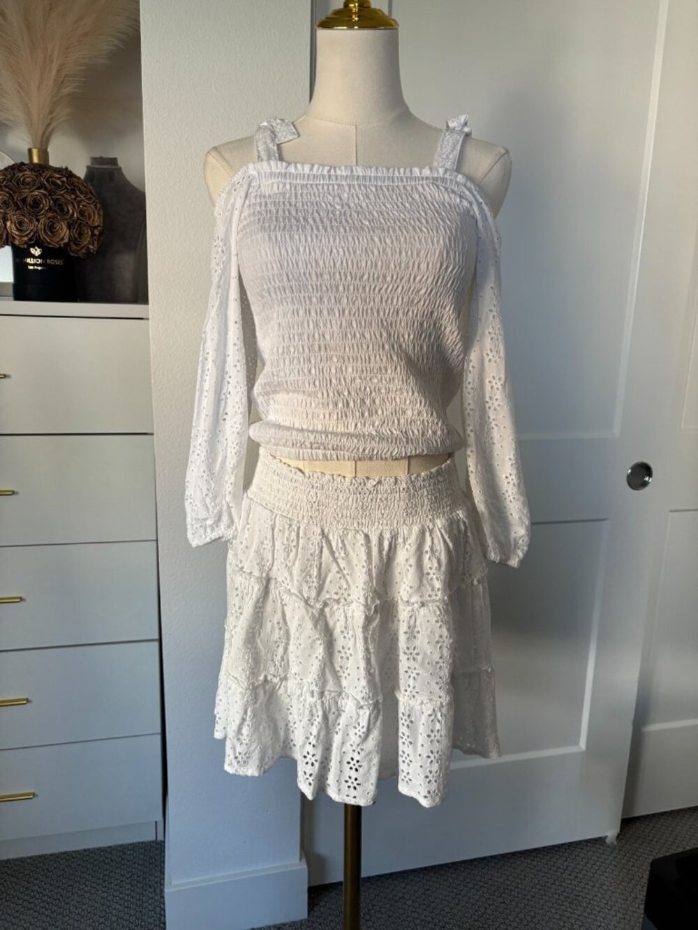 Justice Girls Large 12/14 White Eyelet Skirt Set Smocked Crop Top 2 Piece Outfit